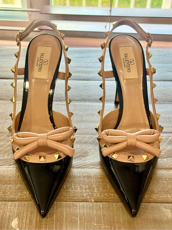 Valentino Garavani Shoes - Valentino Garavani Black Patent & Nude Bow Slingback Heels with Gold Studs